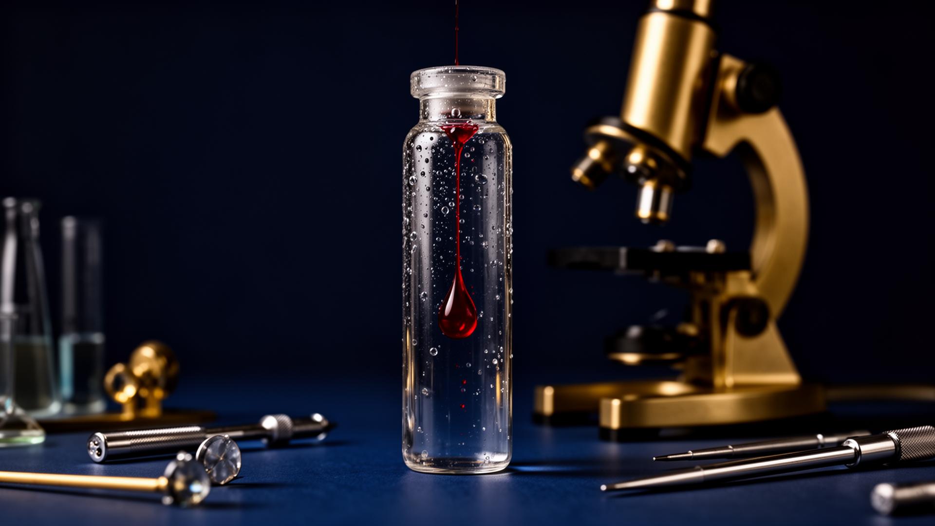 Glass vial with blood droplet beside antique microscope