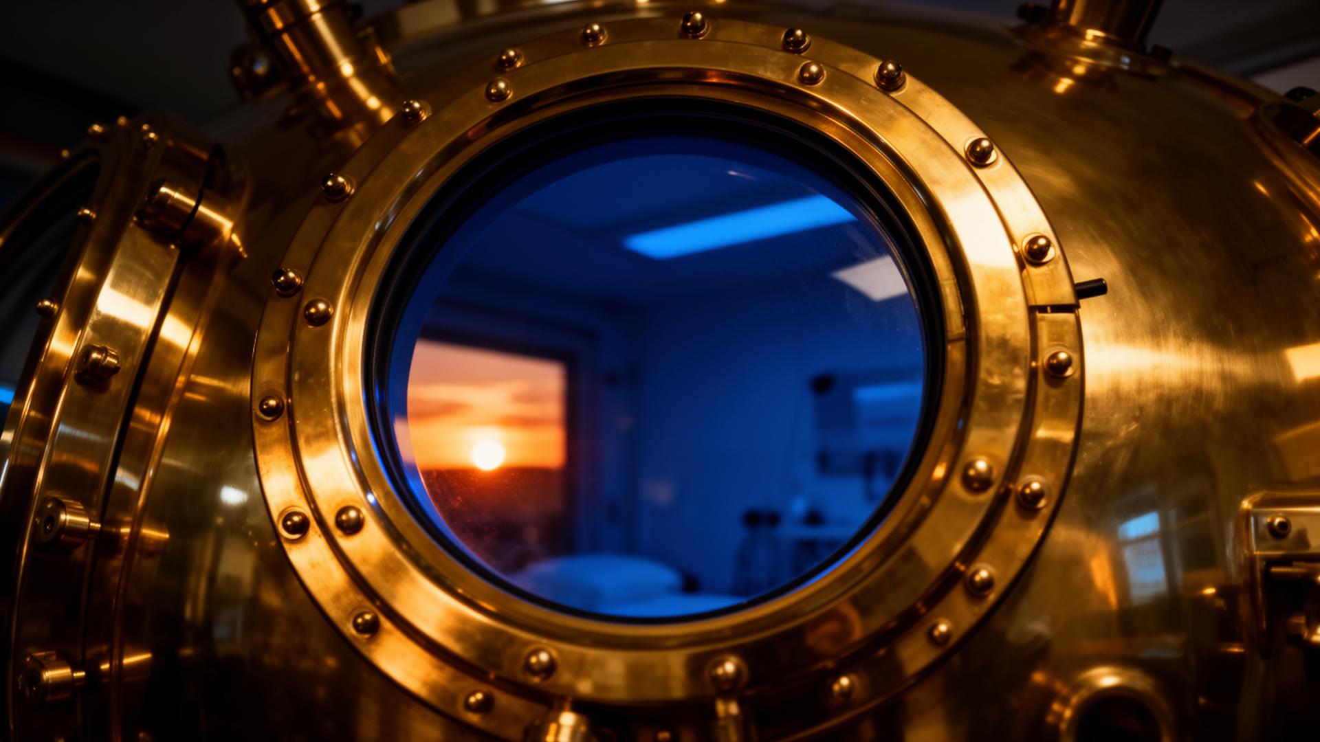 Hyperbaric oxygen chamber porthole window with golden hour reflections